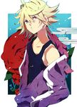  akishima_kei bad_id bad_pixiv_id bare_shoulders blonde_hair flower ivan_karelin jacket letterman_jacket male_focus off_shoulder purple_eyes purple_jacket rose solo tank_top tiger_&amp;_bunny 