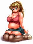  belly blue_eyes breasts brown_hair brunette cleavage denim_skirt heels high_heels large_breasts panties plump ponytail shoes skirt thighhighs underwear white_panties 