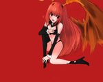  asymmetrical_clothes asymmetrical_clothing bare_shoulders blush breasts cleavage demon_girl fangs heart high_heels long_hair looking_at_viewer lord_of_vermilion midriff navel open_mouth red_eyes red_hair shoes simple_background single_wing solo succubus succubus_(lord_of_vermilion) wings 