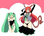  2girls armpits bare_shoulders blush breasts chu_(artist) cleavage cosplay covering covering_breasts crossover demon_girl detached_sleeves elbow_gloves eyes_closed gloves green_hair hatsune_miku headphones long_hair lord_of_vermilion multiple_girls necktie no_bra open_mouth panties pointy_ears red_eyes red_hair skirt smile striped striped_panties succubus succubus_(lord_of_vermilion) sweatdrop tail twintails underwear very_long_hair vocaloid wardrobe_malfunction wink 