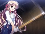  angry blonde_hair blush brown_eyes brown_hair game_cg hakama japanese_clothes kourin_no_machi_lavender_no_shoujo loli long_hair ribbon riko_sada sada_riko sharin_no_kuni_himawari_no_shoujo solo sweater sword traditional_clothes wafuku weapon yuuki_hagure 