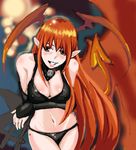  bare_shoulders breasts brown_eyes cleavage demon_girl grin large_breasts long_hair lord_of_vermilion midriff navel orange_hair pointy_ears single_wing smile solo succubus succubus_(lord_of_vermilion) tail wings yonekura_(bakuzen) 
