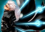  alternate_color blue_eyes coat devil_may_cry devil_may_cry_3 looking_back male_focus nagare solo summoned_swords sword vergil weapon white_hair 