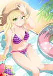  adjusting_clothes adjusting_hat apple bad_id bad_pixiv_id bare_legs beach bikini blonde_hair bracelet breasts collarbone eloosia fingernails food fruit grapes green_eyes hat innertube jewelry long_hair medium_breasts multicolored multicolored_bikini multicolored_clothes original side-tie_bikini sitting smile solo straw_hat striped striped_bikini summer swimsuit towel watermelon 