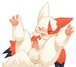  balls big_ears blush chubby claws erection eyes_closed hi_res hindpaw kemonoca legs_in_air legs_up lying male nintendo nude on_back pawpads paws penis plain_background pok&#233;mon pok&eacute;mon solo spread_legs spreading tail teeth tongue tongue_out video_games vono white_background zangoose 