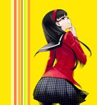  amagi_yukiko black_eyes black_hair black_legwear black_skirt chan_co checkered checkered_skirt cowboy_shot from_behind glasses hairband hand_on_own_chin houndstooth long_hair long_sleeves looking_back miniskirt pantyhose persona persona_4 pleated_skirt profile school_uniform serafuku skirt smile solo 