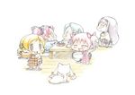  ^_^ akemi_homura apron baku_taso black_hair black_skirt blonde_hair blue_hair bowl cake checkered chibi closed_eyes cream crossed_arms drill_hair food fork fruit hair_ornament hair_ribbon hairband hairclip kaname_madoka kyubey long_hair mahou_shoujo_madoka_magica miki_sayaka multiple_girls open_mouth oven_mitts pink_hair plaid plaid_skirt pleated_skirt red_hair ribbon sakura_kyouko school_uniform skirt smile smirk strawberry table tomoe_mami twin_drills twintails whisk 