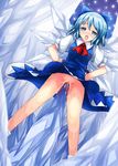  90i blood blue_eyes blue_hair bottomless bow cirno crying dress fairy female_ejaculation guro hands_on_hips highres impaled impalement orgasm pain pussy pussy_juice pussy_pain ribbon solo spike tears touhou uncensored vaginal virgin wings 