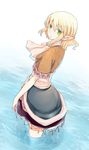  atoki bare_legs black_skirt blonde_hair green_eyes highres lace lace-trimmed_skirt looking_back medium_skirt mizuhashi_parsee pointy_ears sash scarf shirt short_hair skirt solo standing touhou wading water 