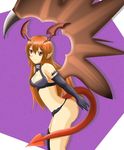  asymmetrical_clothes asymmetrical_clothing bare_shoulders breasts cleavage demon_girl elbow_gloves gloves long_hair lord_of_vermilion orange_hair pointy_ears red_eyes single_wing smile smilered_eyes solo succubus succubus_(lord_of_vermilion) tail wings 