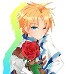  ;d bad_id bad_pixiv_id belt blonde_hair blue_eyes eloosia flower gloves grin lucian_kaltz male_focus one_eye_closed open_mouth red_flower red_rose rose smile solo tales_weaver white_gloves 