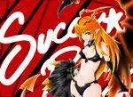  bare_shoulders bikini demon_girl elbow_gloves gloves hand_on_hip hips long_hair looking_at_viewer lord_of_vermilion midriff navel orange_hair pointy_ears red_eyes smile solo succubus succubus_(lord_of_vermilion) swimsuit 