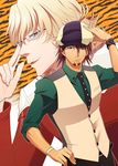  adjusting_eyewear bad_id bad_pixiv_id barnaby_brooks_jr blonde_hair bracelet brown_eyes brown_hair cabbie_hat facial_hair glasses green_eyes hat jacket jewelry kaburagi_t_kotetsu kkt049 male_focus multiple_boys necklace necktie red_jacket smirk stubble tiger_&amp;_bunny vest waistcoat watch wristwatch 