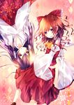  bad_id bad_pixiv_id bow brown_hair detached_sleeves hair_bow hair_tubes hakurei_reimu hakurei_reimu_(pc-98) highres japanese_clothes kimono kimono_skirt kusada_souta medium_skirt miko purple_hair red_skirt shirt skirt skirt_set touhou touhou_(pc-98) upside-down 