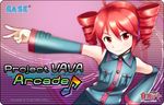  ahoge caffein detached_sleeves drill_hair hand_on_hip headset kasane_teto musical_note parody project_diva_(series) red_eyes red_hair smirk solo twin_drills twintails utau 