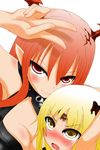  2girls armpits blonde_hair blush breasts character_request cleavage demon_girl fang long_hair lord_of_vermilion multiple_girls open_mouth red_eyes red_hair smile succubus succubus_(lord_of_vermilion) v yellow_eyes 