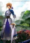  ahoge armor armored_dress artoria_pendragon_(all) blonde_hair blue_eyes breastplate cape dress excalibur fate/stay_night fate_(series) faulds fs-project gauntlets hair_ribbon hand_on_hilt highres horse planted_sword planted_weapon ribbon saber solo sword weapon 