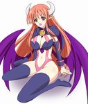  arm_support boots breasts cape cleavage demon_girl detached_sleeves horns kneeling large_breasts long_hair lord_of_vermilion navel open_mouth parody red_eyes red_hair solo succubus succubus_(lord_of_vermilion) thigh_boots thighhighs wings 