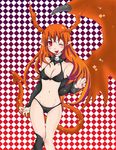  bare_shoulders bikini breasts cleavage demon_girl elbow_gloves fangs gloves long_hair lord_of_vermilion midriff navel open_mouth orange_hair pointy_ears red_eyes single_wing smile solo succubus succubus_(lord_of_vermilion) swimsuit tail wings wink 