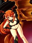  asymmetrical_clothes asymmetrical_clothing breasts demon_girl elbow_gloves fang gloves hand_on_hip hips leaning_forward long_hair lord_of_vermilion midriff navel open_mouth orange_hair pointy_ears red_eyes single_wing smile solo succubus succubus_(lord_of_vermilion) tail wings 