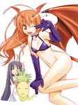  2girls bare_shoulders black_hair character_request demon_girl elbow_gloves fang gloves highres long_hair lord_of_vermilion multiple_girls no_panties ogura_shuuichi open_mouth orange_eyes orange_hair single_wing smile succubus succubus_(lord_of_vermilion) sweatdrop tail wings wink 