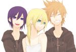  2girls ^_^ bad_id bad_pixiv_id black_coat_(kingdom_hearts) black_hair blonde_hair closed_eyes dress hood hoodie kaikun kingdom_hearts kingdom_hearts_358/2_days kingdom_hearts_ii long_hair multiple_girls namine roxas short_hair simple_background smile spiked_hair tears white_background white_dress xion_(kingdom_hearts) 