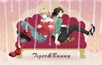  bad_id bad_pixiv_id barnaby_brooks_jr belt blonde_hair boots brown_eyes brown_hair couch crossed_arms crossed_legs facial_hair glasses green_eyes highres jacket jewelry kaburagi_t_kotetsu male_focus multiple_boys necktie red_jacket ring sitting stubble studded_belt tiger_&amp;_bunny vest waistcoat yoshikiri 