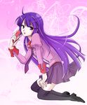  bakemonogatari highres kneeling long_hair miitasu monogatari_(series) purple_eyes purple_hair school_uniform senjougahara_hitagi solo stapler 