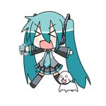  &gt;_&lt; aqua_hair black_skirt chibi chibi_miku closed_eyes detached_sleeves dog hamo_(dog) hatsune_miku headphones minami_(colorful_palette) miniskirt necktie open_mouth outstretched_arms pleated_skirt recursion skirt twintails vocaloid 