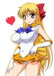  aino_minako back_bow bishoujo_senshi_sailor_moon blonde_hair blue_eyes blush bow breasts choker earrings elbow_gloves gloves hair_bow half_updo heart impossible_clothes jewelry large_breasts leotard long_hair magical_girl microskirt onizuka_takuto orange_choker orange_sailor_collar orange_skirt pleated_skirt red_bow sailor_collar sailor_senshi_uniform sailor_venus simple_background skirt smile solo tiara uniform very_long_hair white_background white_gloves 