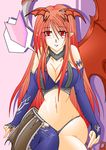  asymmetrical_clothes asymmetrical_clothing bare_shoulders blush breasts cleavage demon_girl elbow_gloves gloves horns large_breasts long_hair looking_at_viewer lord_of_vermilion midriff navel pointy_ears red_eyes red_hair single_thighhigh single_wing solo succubus succubus_(lord_of_vermilion) thighhighs wings 