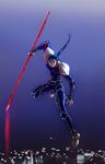  blue_hair crimo fate/stay_night fate_(series) gae_bolg jumping lancer long_hair male_focus polearm ponytail red_eyes solo spear weapon 