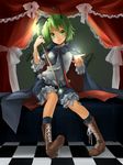  antennae bad_id bad_pixiv_id black_legwear boots cape checkered checkered_floor cross-laced_footwear curtains green_eyes green_hair highres lace-up_boots nanairo short_hair shorts sitting socks solo stick touhou wand wriggle_nightbug 