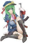  ak-47 assault_rifle bad_id bad_pixiv_id blue_eyes boots breasts gloves green_hair gun hat large_breasts lips necktie rifle shiki_eiki short_hair sitting skirt solo touhou urabe_michiru weapon 