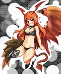  asymmetrical_clothes asymmetrical_clothing bare_shoulders blush breasts cleavage demon_girl highres jumping long_hair lord_of_vermilion midriff navel orange_hair pointy_ears red_eyes shi_ecchi single_wing smile solo succubus succubus_(lord_of_vermilion) tail wings 