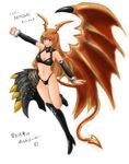  asymmetrical_clothes asymmetrical_clothing bare_shoulders bikini breasts brown_hair cleavage demon_girl detached_sleeves groom222 long_hair lord_of_vermilion midriff navel pointy_ears red_eyes single_wing smile solo succubus succubus_(lord_of_vermilion) swimsuit tail wings 