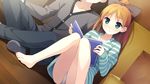  1girl bare_legs barefoot book book_focus bow dutch_angle feet game_cg green_eyes hair_bow highres kantoku minagawa_yuuhi no_pants orange_hair panties pantyshot pantyshot_(sitting) ponytail sitting smile striped sweater underwear white_panties wide_ponytail wooden_floor your_diary 