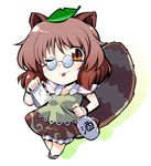  alcohol animal_ears brown_eyes brown_hair chibi futatsuiwa_mamizou glasses kiku_hitomoji leaf leaf_on_head notepad one_eye_closed raccoon_ears raccoon_tail sake sandals solo tail tongue tongue_out touhou 