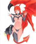  :p asymmetrical_clothes asymmetrical_clothing breasts demon_girl detached_sleeves long_hair lord_of_vermilion midriff pointy_ears red_eyes red_hair single_thighhigh single_wing solo succubus succubus_(lord_of_vermilion) tail thighhighs tongue tongue_out underboob wings 