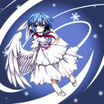  blue_hair dress full_body grey_eyes hair_ribbon half_updo hemogurobin_a1c mai_(touhou) ribbon scarf shoes short_hair smile snowflakes solo touhou touhou_(pc-98) wings 