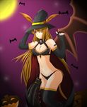  bare_shoulders bat breasts brown_hair cape cleavage demon_girl elbow_gloves fingerless_gloves gloves halloween hat heterochromia horns long_hair lord_of_vermilion navel pointy_ears pumpkin single_wing smile solo succubus succubus_(lord_of_vermilion) thighhighs wings wizard_hat 