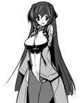  asama_tomo bodysuit breasts greyscale kyoukaisenjou_no_horizon large_breasts long_hair looking_at_viewer mellow monochrome open_mouth pantyhose simple_background solo very_long_hair 