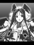  :o black_wings bodysuit flat_chest greyscale kyoukaisenjou_no_horizon long_hair malga_naruze monochrome nov-cog solo wings 