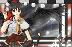  black_hair black_skirt black_wings blush hat katana looking_at_viewer mask open_mouth red_eyes sash shameimaru_aya shirt skirt solo sword tengu tengu_mask touhou weapon wings yami_shigeru 