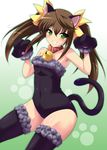  animal_ears armpits bare_shoulders bell bell_collar black_legwear blush brown_hair cat_ears cat_paws cat_tail collar green_eyes huang_lingyin infinite_stratos kittysuit long_hair paws smile solo tail thighhighs tsukishiro_kou twintails 