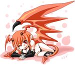  ;p bare_shoulders breasts chibi cleavage demon_girl elbow_gloves gloves long_hair lord_of_vermilion navel one_eye_closed orange_hair pointy_ears red_eyes single_wing smile solo succubus succubus_(lord_of_vermilion) tail tongue tongue_out wings wink 