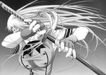  breasts chouun_shiryuu highres ikkitousen impossible_clothes impossible_shirt katana long_hair monochrome shiozaki_yuji shirt sword weapon 