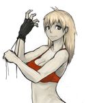  adjusting_clothes adjusting_gloves bare_shoulders blonde_hair breasts cleavage closed_mouth dorohedoro earrings face fingerless_gloves gloves hands jewelry large_breasts metal_akira nikaidou_(dorohedoro) pale_skin smile solo sports_bra toned 