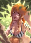  bikini breasts catwyz cleavage dappled_sunlight day food fruit highres large_breasts long_hair looking_at_viewer nami_(one_piece) one_piece open_mouth orange orange_eyes orange_hair outdoors shadow smile solo sunlight swimsuit tattoo tree_shade 