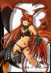  asymmetrical_clothes asymmetrical_clothing bare_shoulders breasts cleavage demon_girl elbow_gloves gloves jumping kuroboshi_roki long_hair lord_of_vermilion midriff navel pointy_ears red_eyes red_hair single_thighhigh single_wing smile solo succubus succubus_(lord_of_vermilion) tail thighhighs wings 